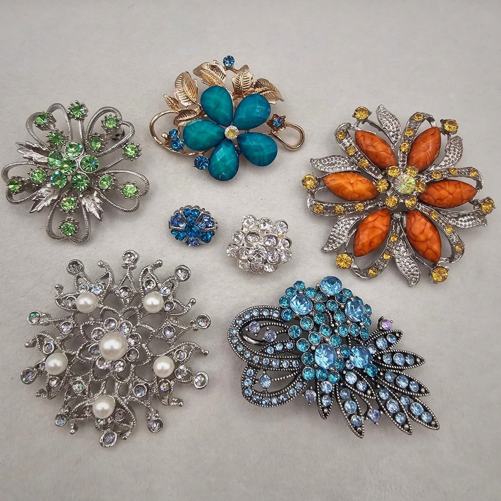 Rhinestone Brooch Lot Floral Vintage to Modern Faux Pearl 7pc Mixed
